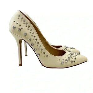 Aldo Cream Leather Pumps Pointed Toe High Heel Rhinestone Studded Stiletto 7.5